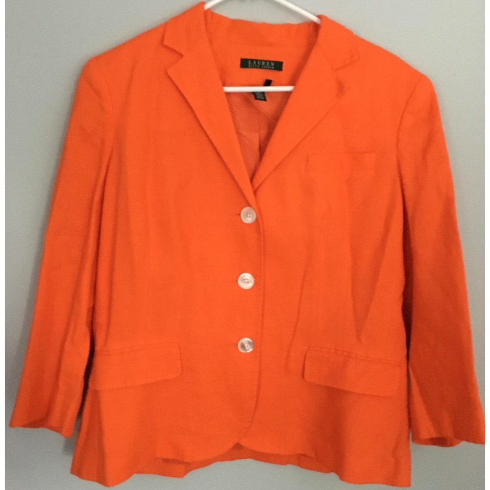 Lauren Ralph Lauren Blazer Womens 12 Orange 100% Linen Lined 3 Button Jacket